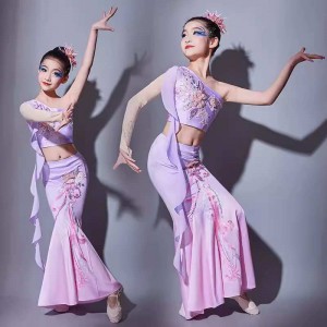 Children Purple Chinese folk Dai dance costumes girls Thailand peacock mermaid dance performances skirts for kids